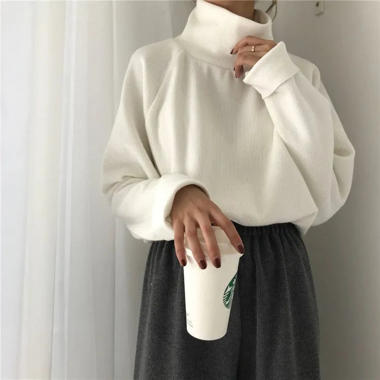 Women's loose fit half-high collar long sleeve top in solid colour on hanger