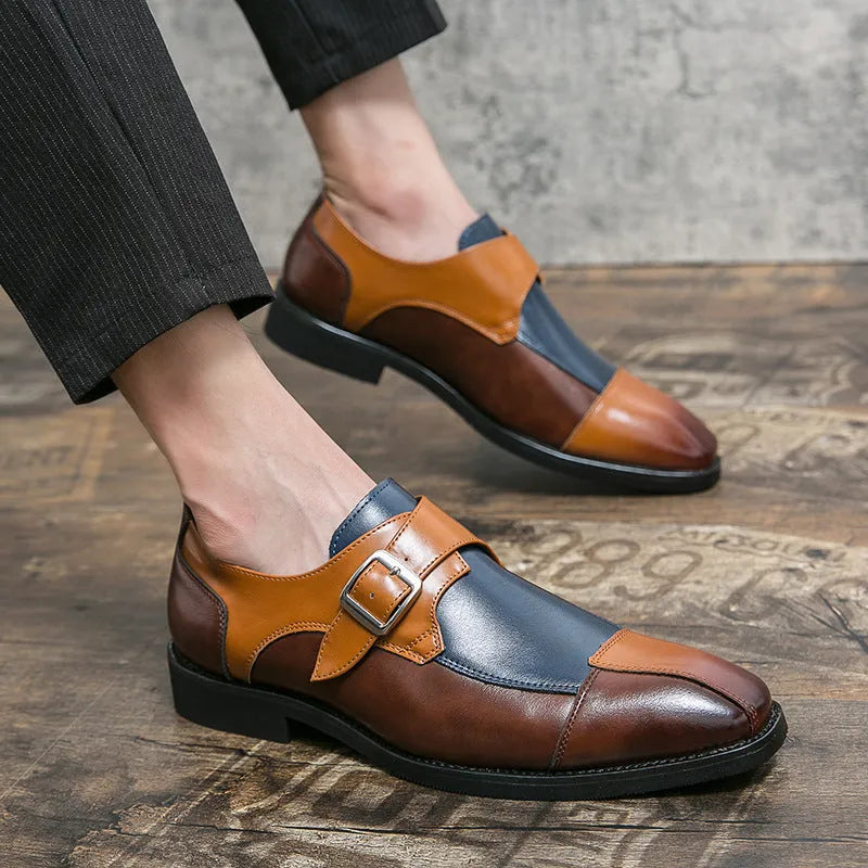 Men's brown blue retro buckle casual leather shoes with tall crown height.