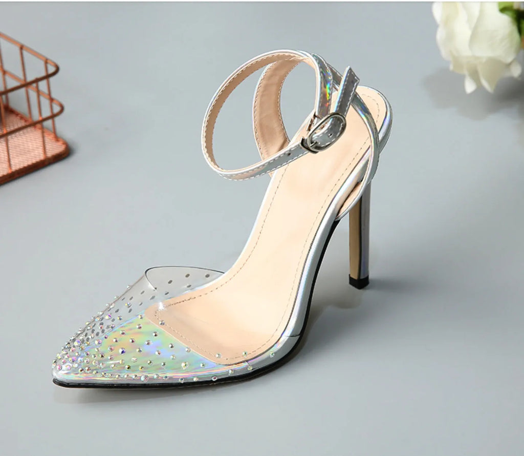 Women's pointed toe stiletto sandals with diamond decoration on PVC upper in Asian sizes 35-42