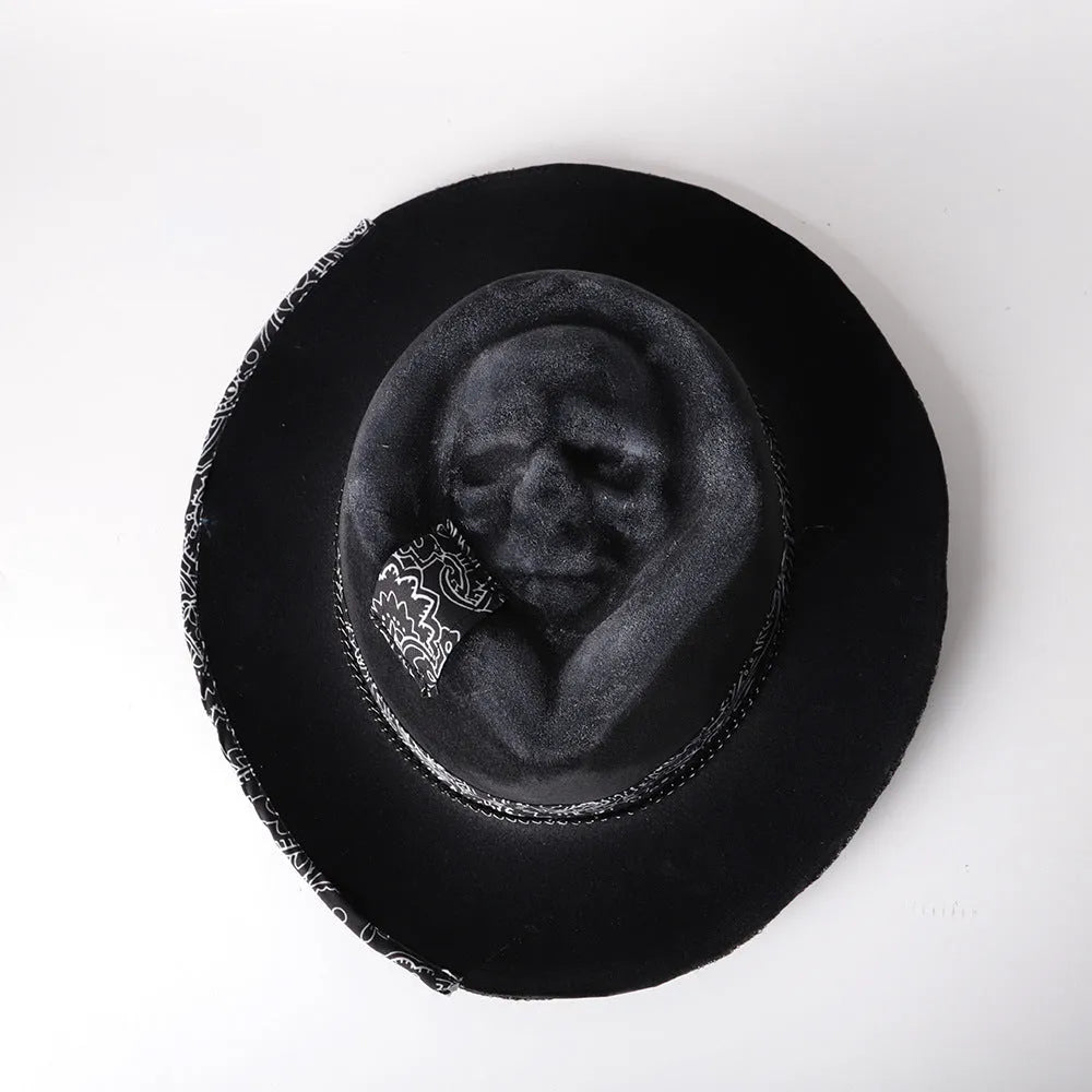 Handmade wool skull hat with conical crown design shown in single colour option