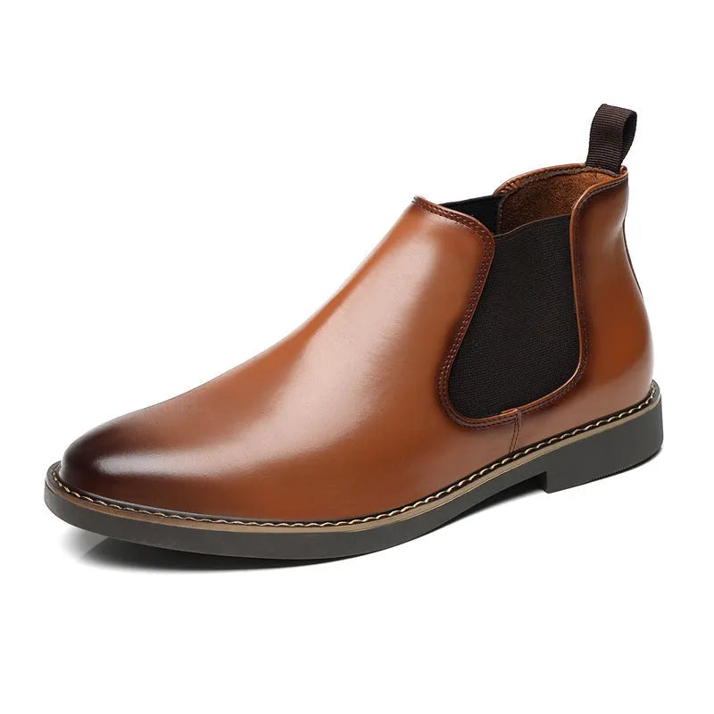 Men's black formal pointed-toe leather boots with a square rubber heel on a plain background