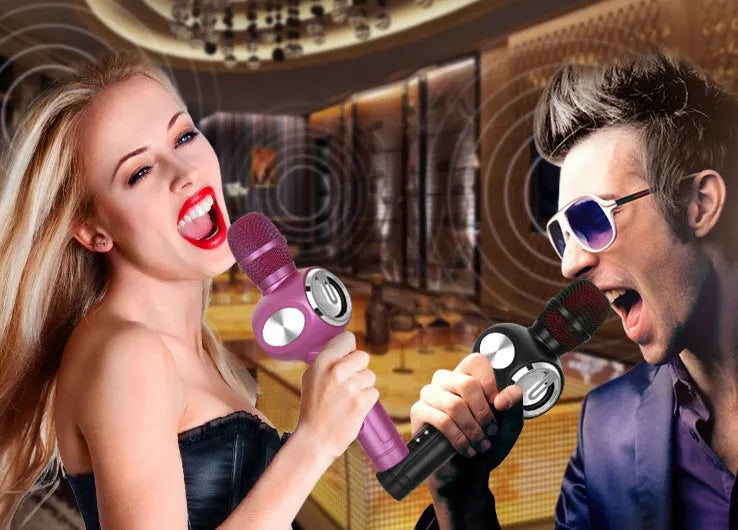 Yaerjia E108 mobile karaoke microphone in black, gold, or pink with built-in speaker