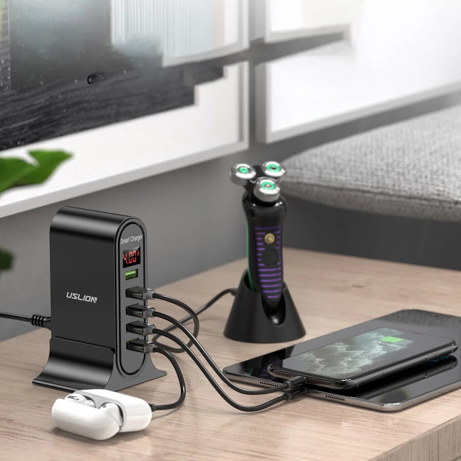 Smart LED digital display USB wall charger in black or white with EU, UK, or US plug.
