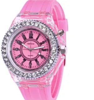 Women's LED luminous quartz watch with round dial, silicone strap, and luminous display features