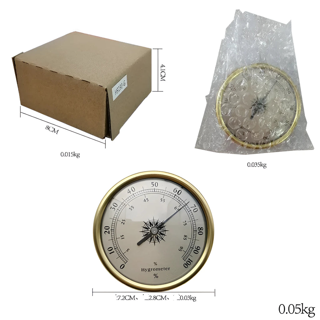 Analog thermometer and hygrometer with silver aluminum outer ring and dial on a white background