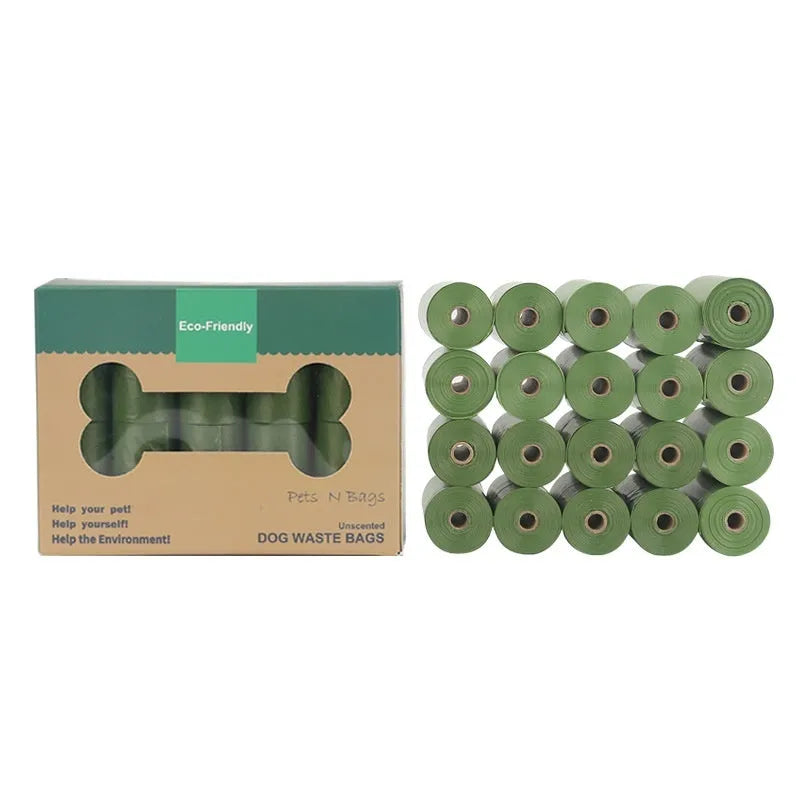 Rolls of green, black, blue, purple, and orange EPI degradable pet poo bags with a plastic dispenser.