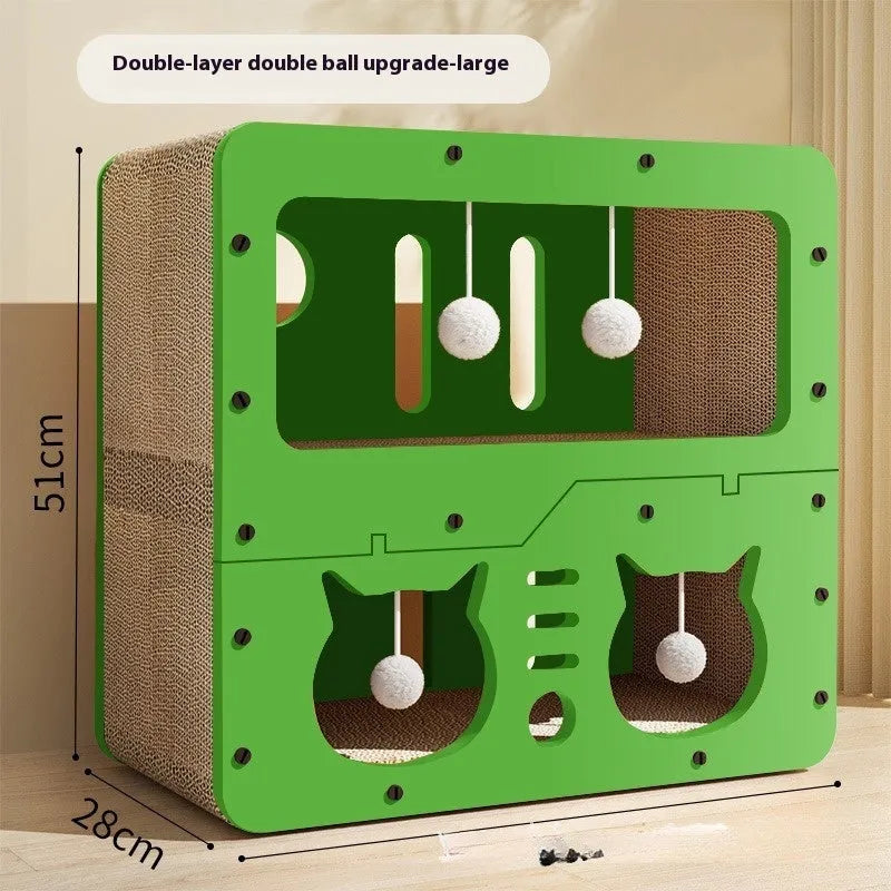Double layer cat scratching board with integrated cat nest in various styles including owl and cat head designs