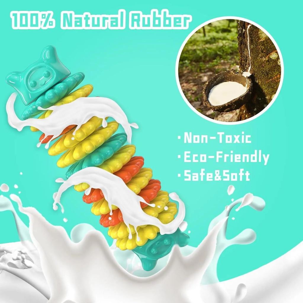 Blue caterpillar-shaped rubber dog chew toy for aggressive chewers on wooden floor