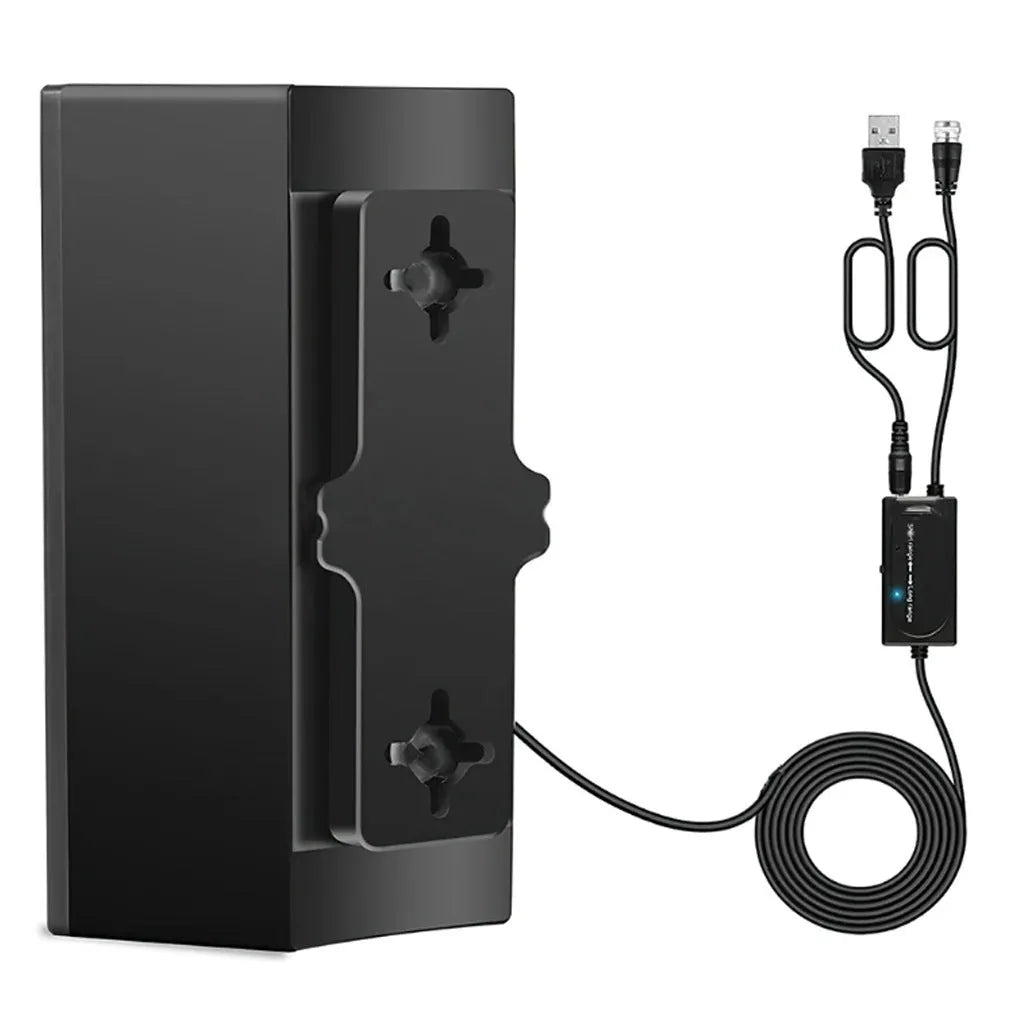 Black indoor digital television antenna with mounting accessories including expansion tubes, screws, cable ties, and adhesive tape