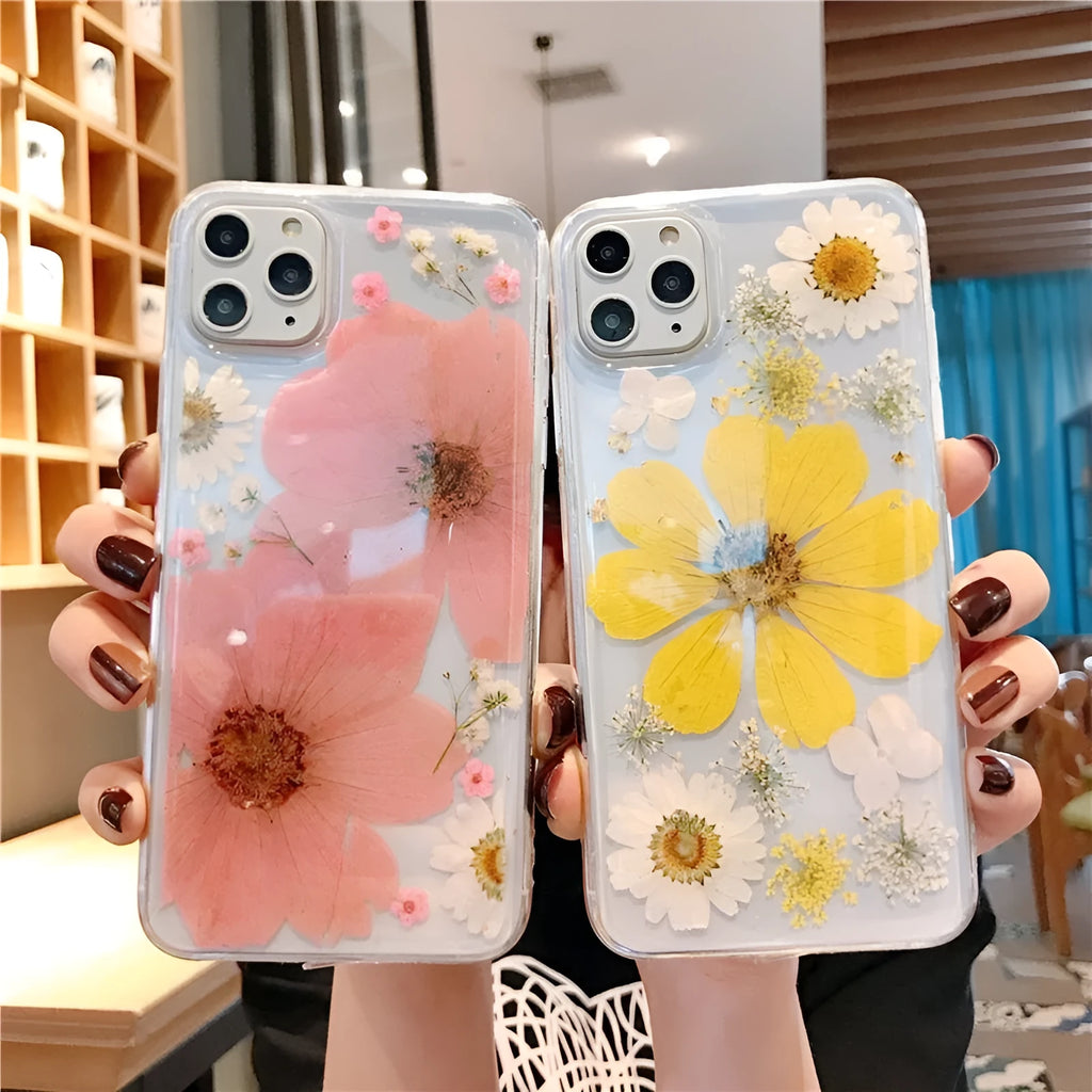 Floral TPU phone case with large pink and yellow flower designs for iPhone models