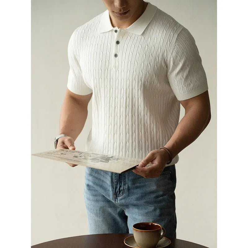 Men's short sleeve business commute top in khaki colour showing front view with size options