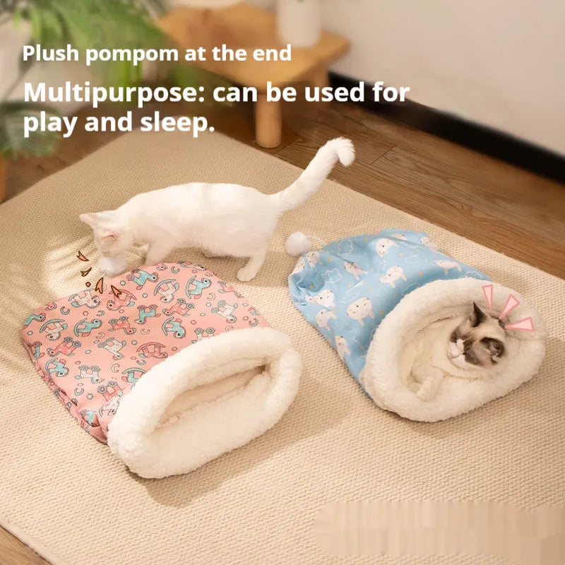 Flannel cat sleeping bag nest pet bed measuring 50 by 40 centimetres in a striped pattern.