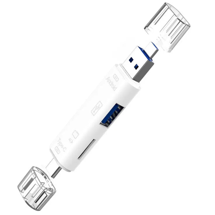 Black USB-C OTG hub adapter with Micro USB port and TF card reader slot