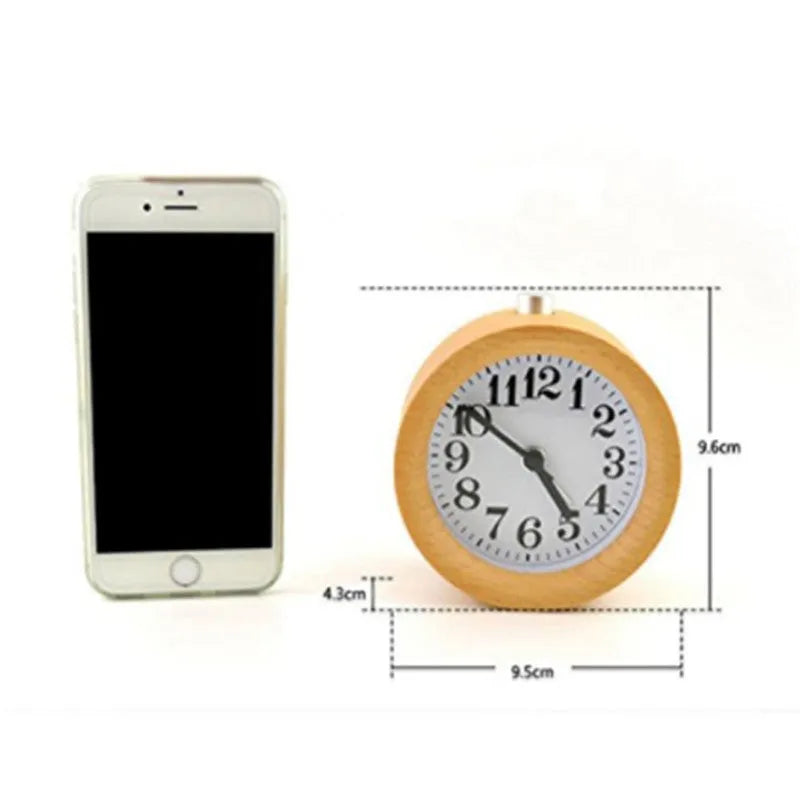 Solid beech wood bedside alarm clock with analogue display and silent snooze mechanism