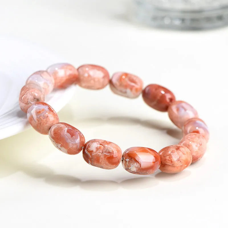Natural cherry agate barrel bead bracelet with 10x14mm geometry beads and ruyi charm
