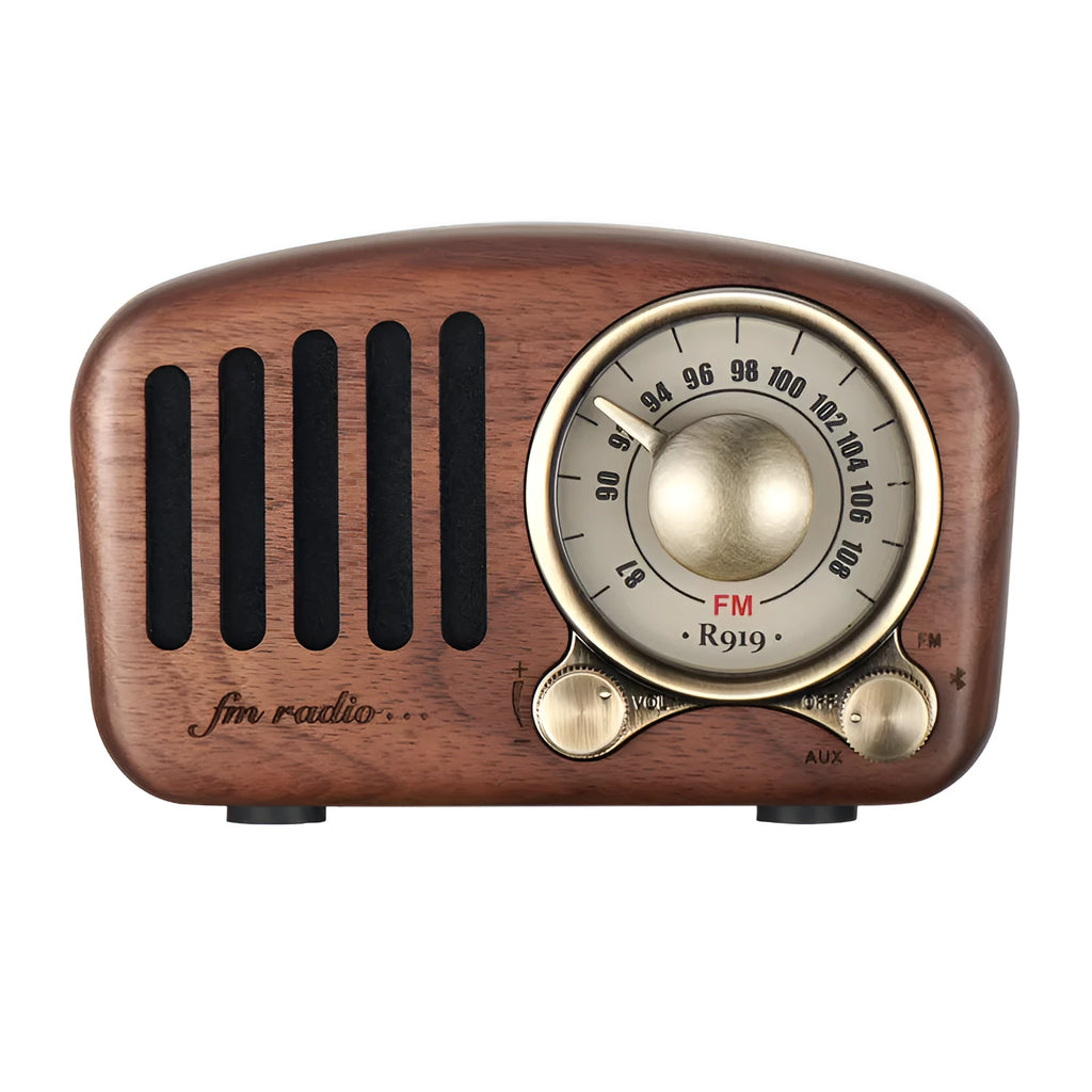 Retro wooden wireless mini Bluetooth speaker in cherry wood finish showing front speaker grille and controls