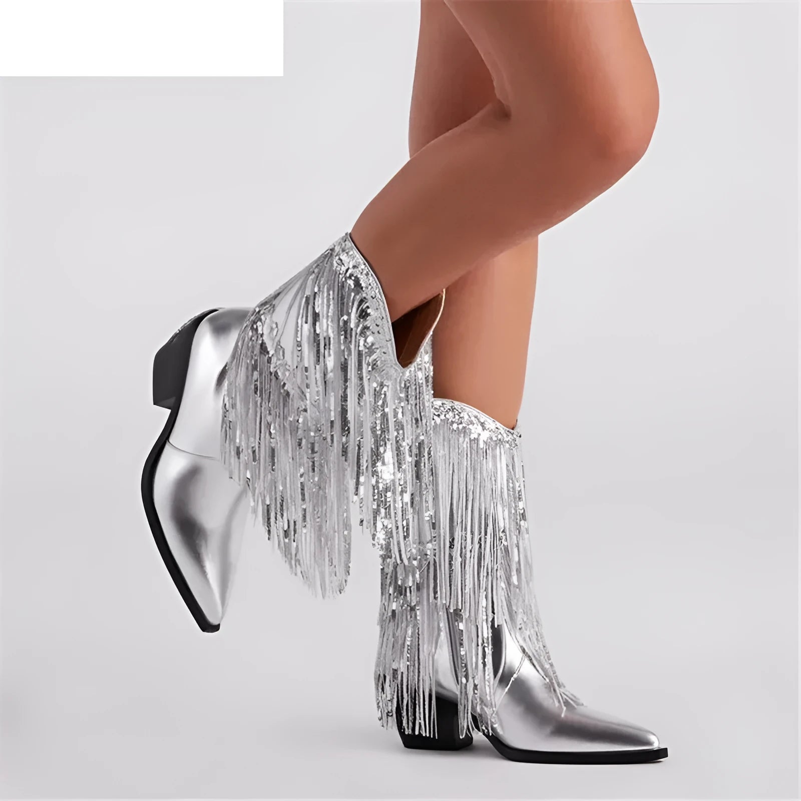 Women's black chunky heel tassel boots with a pointed toe and a high stiletto heel.