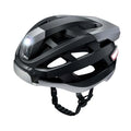 Black and grey smart cycling helmet with integrated LED warning lights on rear and Bluetooth connectivity