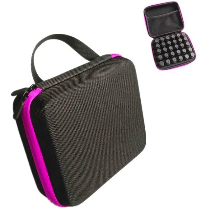 Red EVA essential oil storage bag with 30 compartments for 15ml bottles, shown with zipper open.