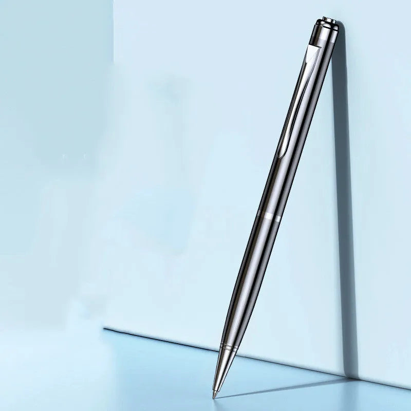 Black pen-shaped voice recorder with zinc alloy body measuring 140x17x14mm