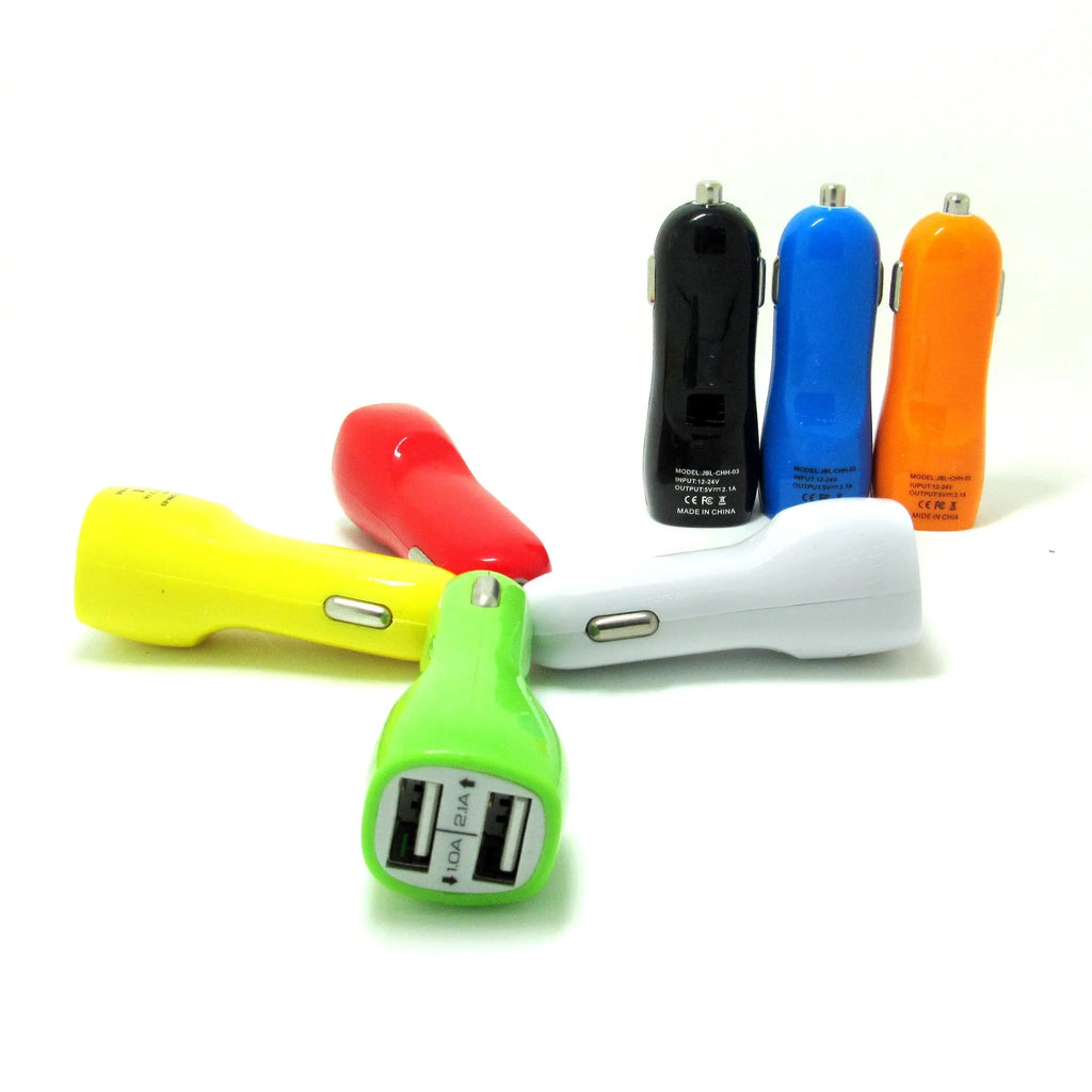Duckbill dual USB car charger with blue LED indicator light and piano paint finish