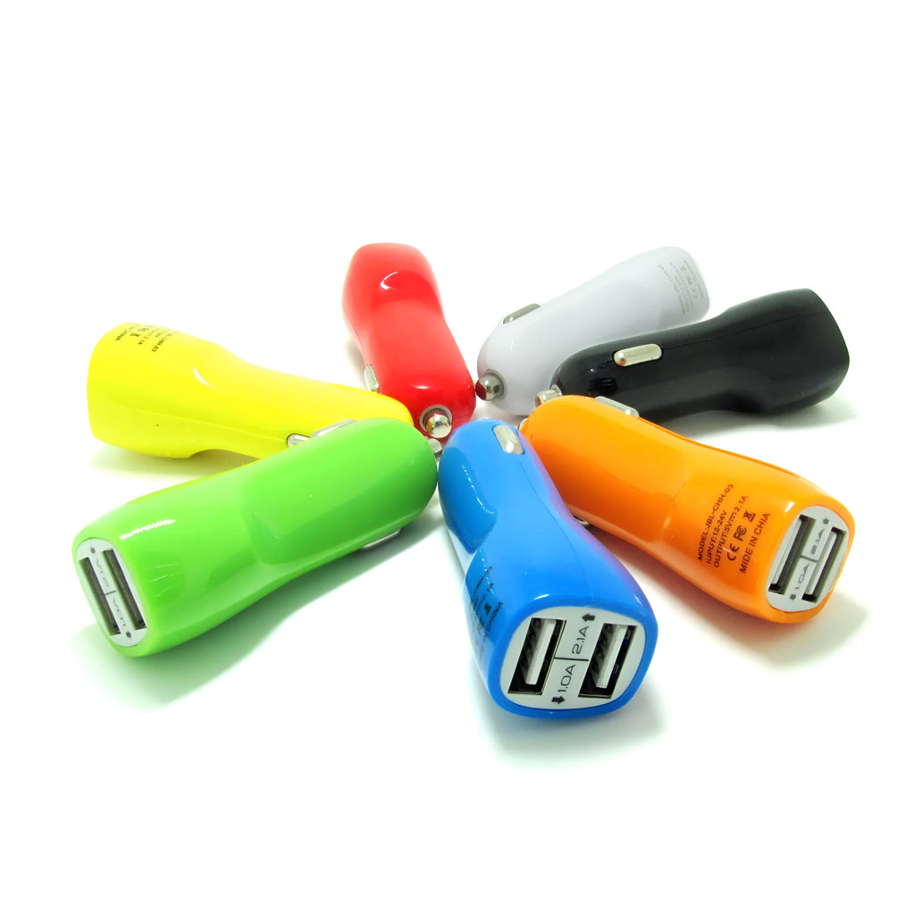 Duckbill dual USB car charger with blue LED indicator light and piano paint finish
