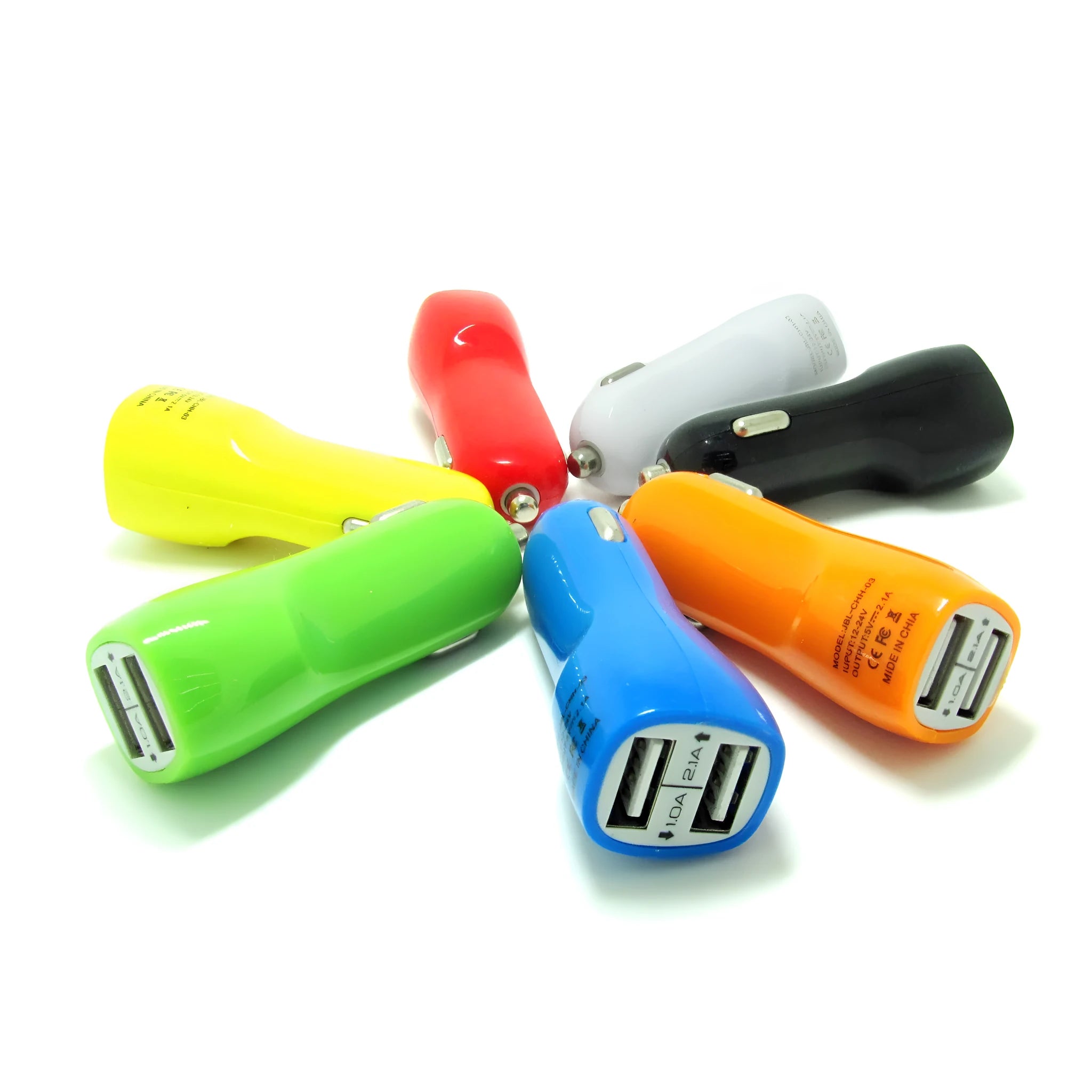 Duckbill dual USB car charger with blue LED indicator light and piano paint finish