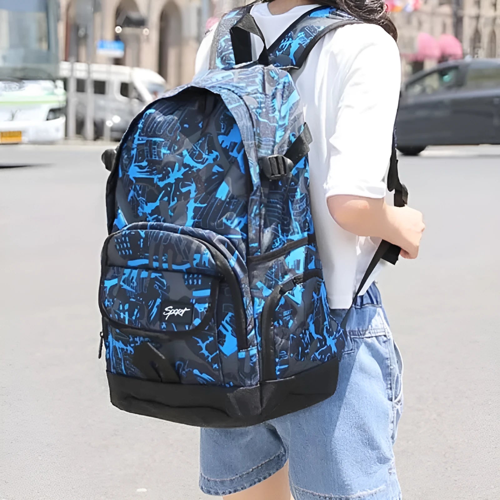 Blue or red classic nylon backpack showing large capacity design for school, travel, and outdoor use.
