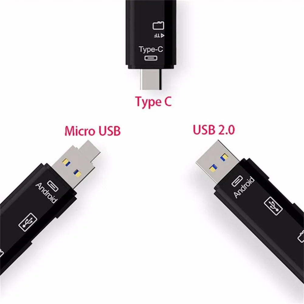 Black USB-C OTG hub adapter with Micro USB port and TF card reader slot