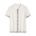 White short sleeve cardigan with dark contrast lapels on a hanger