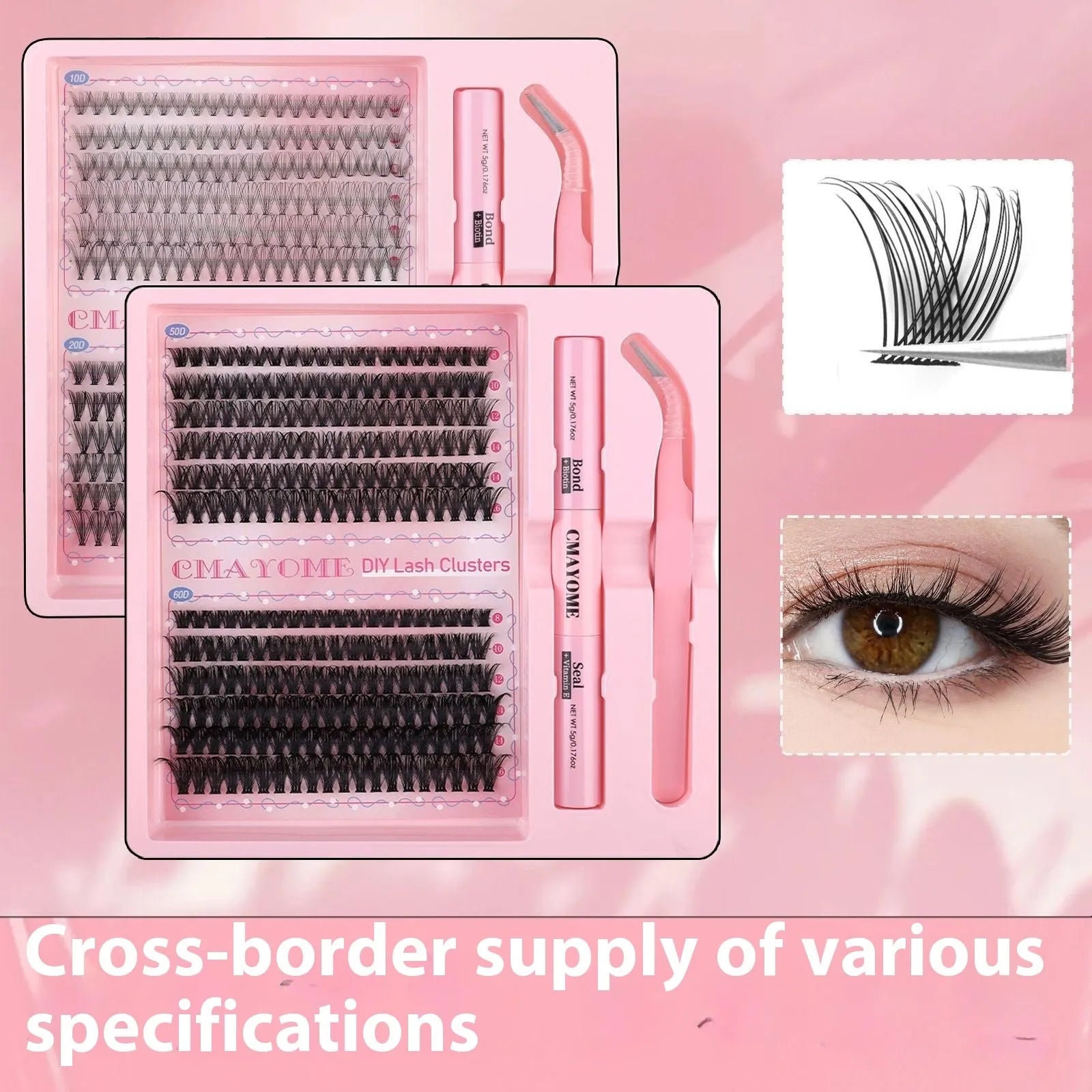 DIY single cluster false eyelashes set with adhesive and applicator tool on a white background.