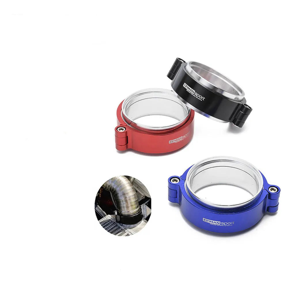 Aluminium exhaust clamp for car modifications in black, blue, or red colours