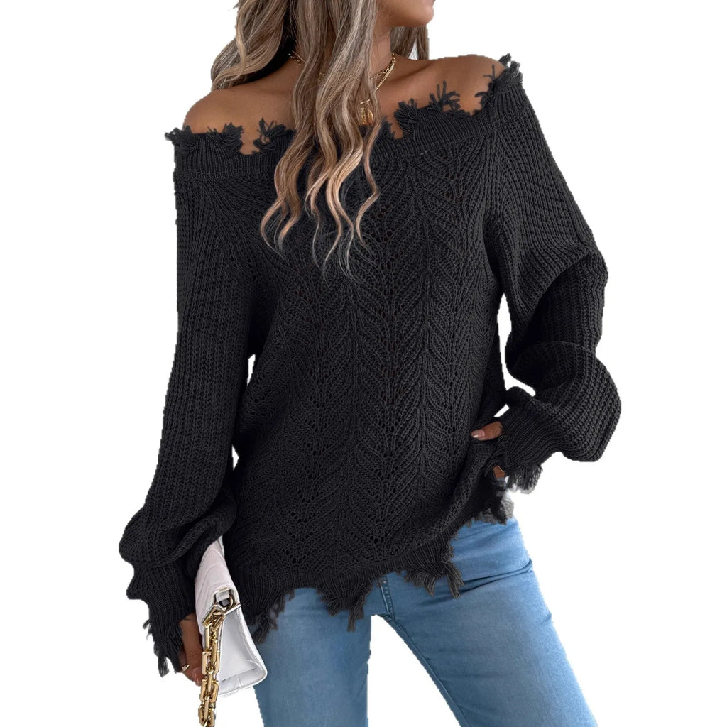 Women's white cut off-the-shoulder pullover sweater with hollow-out design and long sleeves