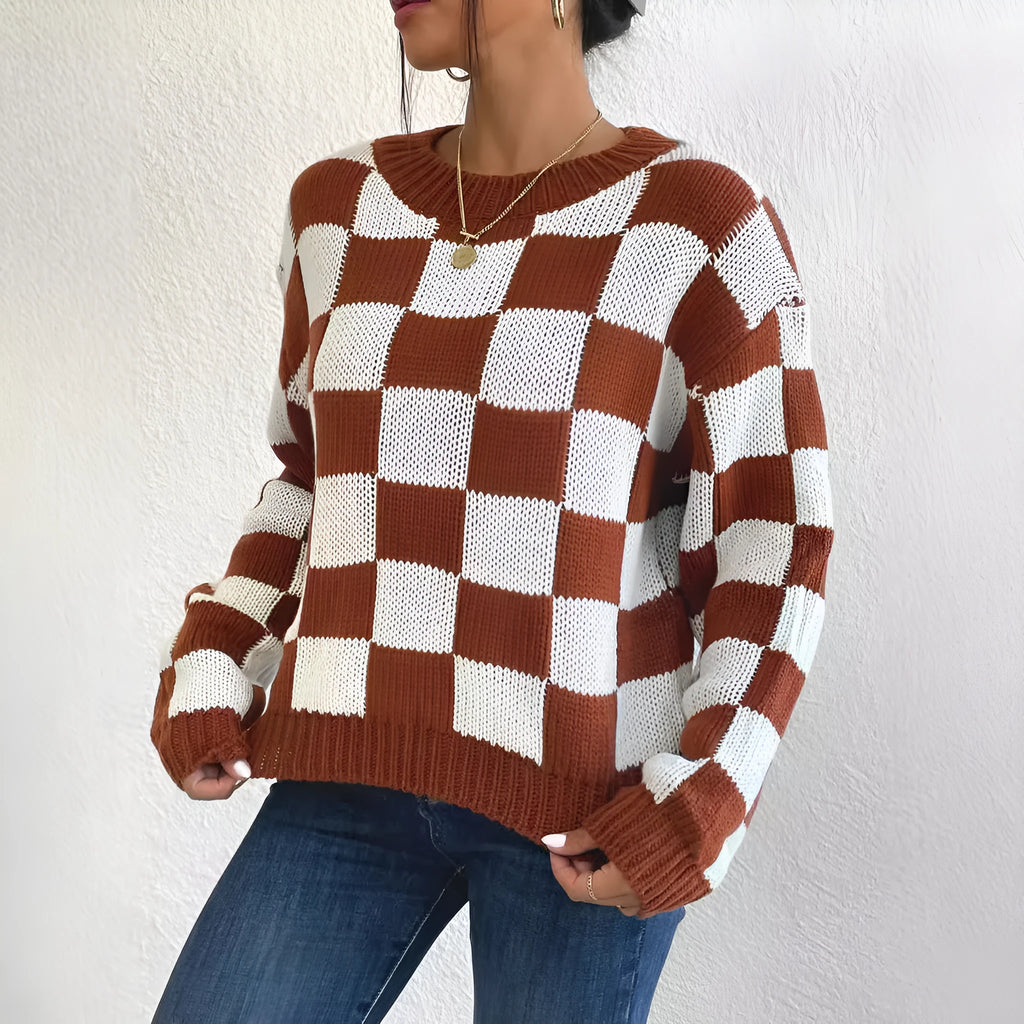 Dark brown acrylic pullover sweater with chessboard plaid pattern, round neck and long sleeves