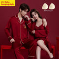 Red festive ice silk wedding dowry suit set for men and women with long sleeves and trousers