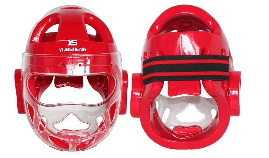 White, blue, and red karate boxing helmet for head protection in sizes S, M, L, XL.