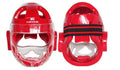 White, blue, and red karate boxing helmet for head protection in sizes S, M, L, XL.
