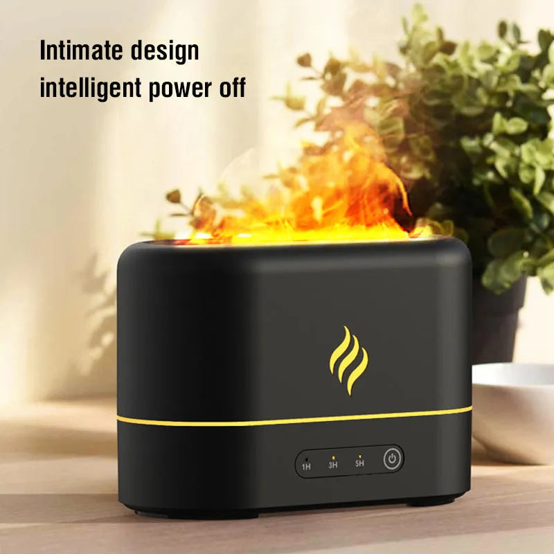 Black and white seven-colour flame aromatherapy humidifier with USB cable and water tank