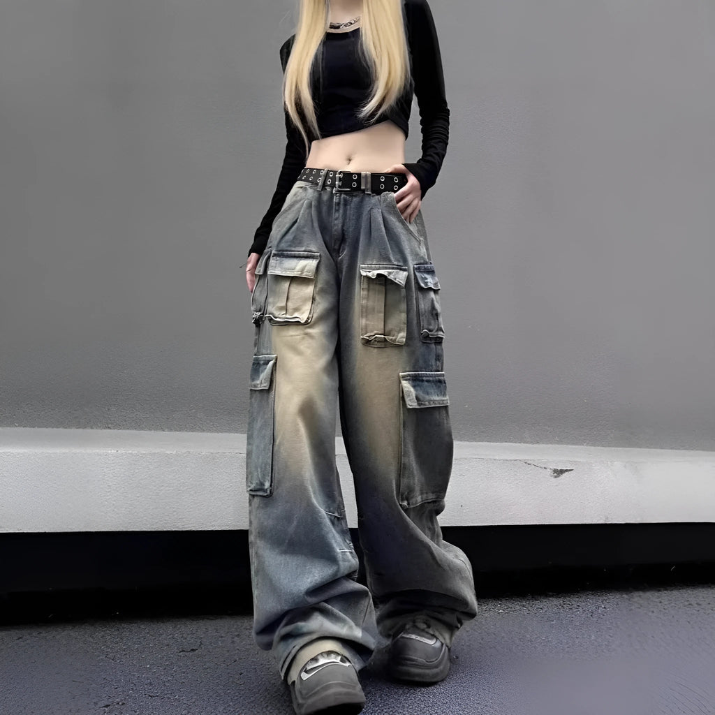 Loose straight-leg denim jeans with multiple pockets and distressed finish in light blue colour