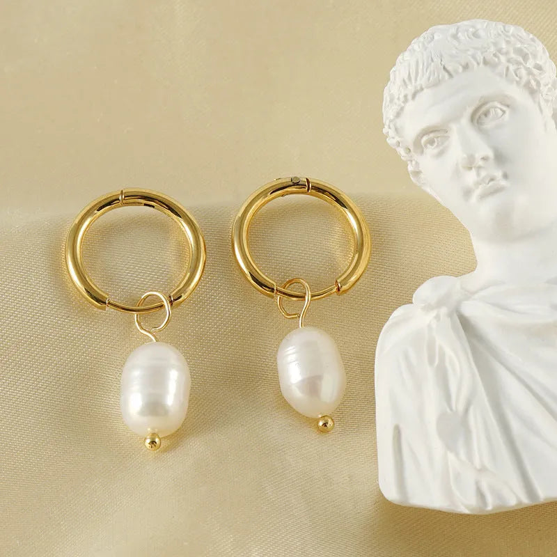 Gold electroplated stainless steel geometric earrings with pearl elements for women