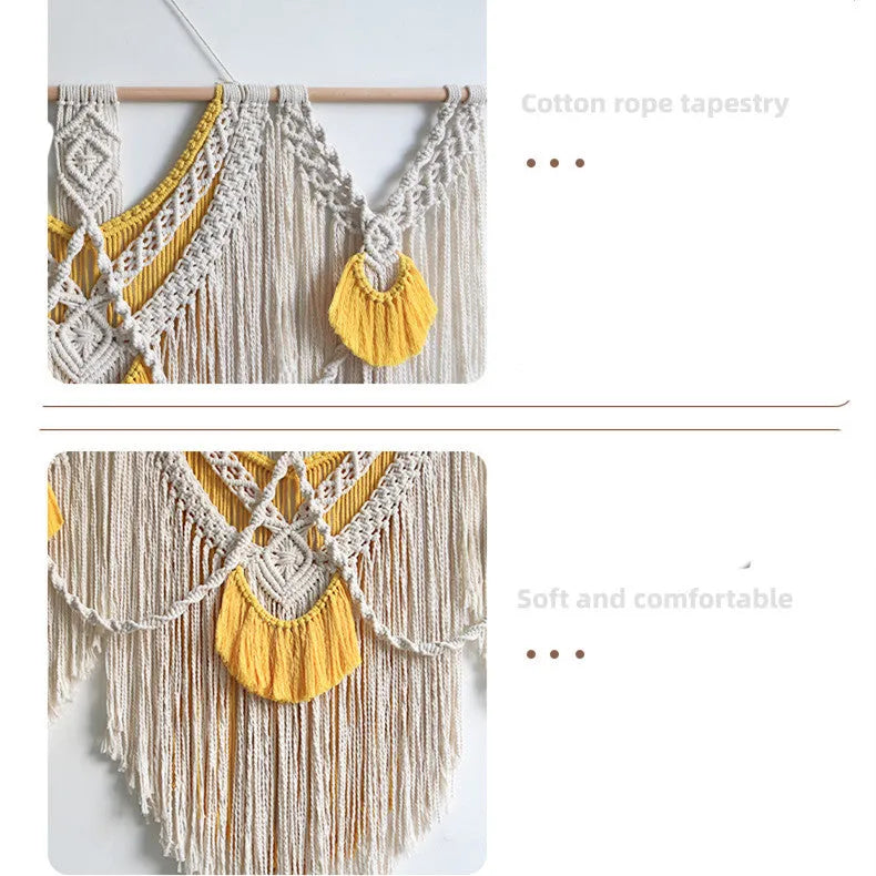 Nordic style woven cotton tapestry in creamy white with yellow accents, rectangular shape measuring 120cm by 95cm