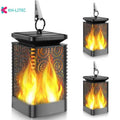 Set of four black solar-powered LED lanterns with flickering flame effect for garden paths.
