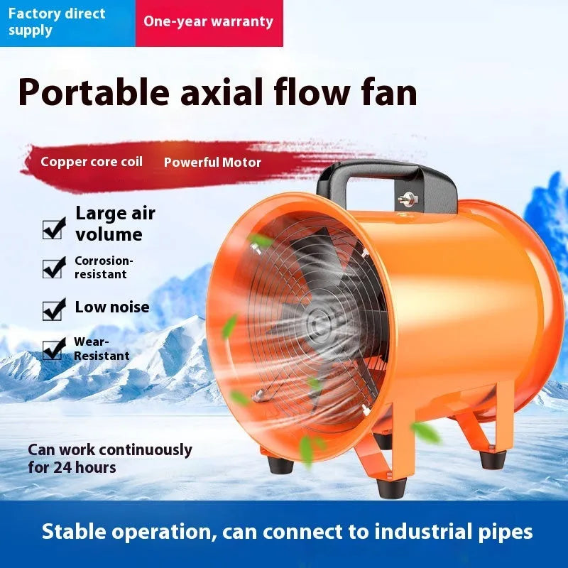 Portable industrial axial flow fan with titanium steel construction and seven blades.