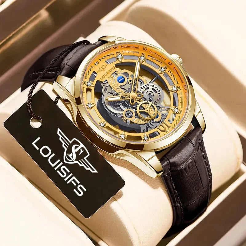 Swiss quartz men's business watch with double-sided hollow design showing gold case and brown leather strap