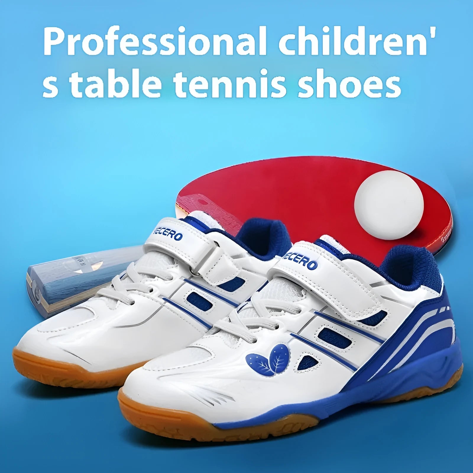 Breathable badminton shoes with PVC upper and ribbed sole in white and blue colour option