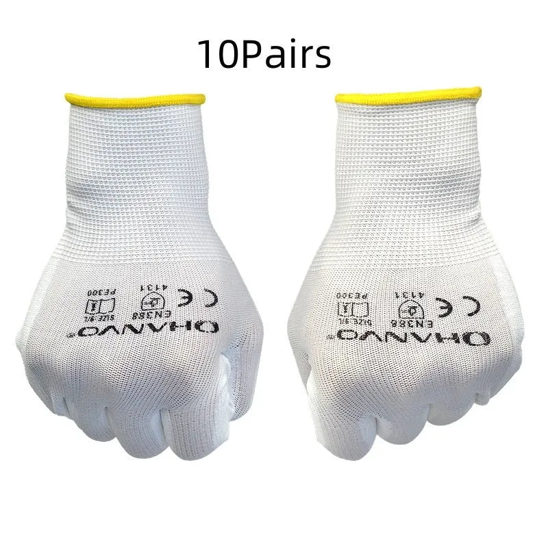 White PU-coated labour gloves showing flexible design, available in sizes L and M.