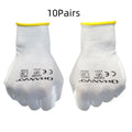 White PU-coated labour gloves showing flexible design, available in sizes L and M.