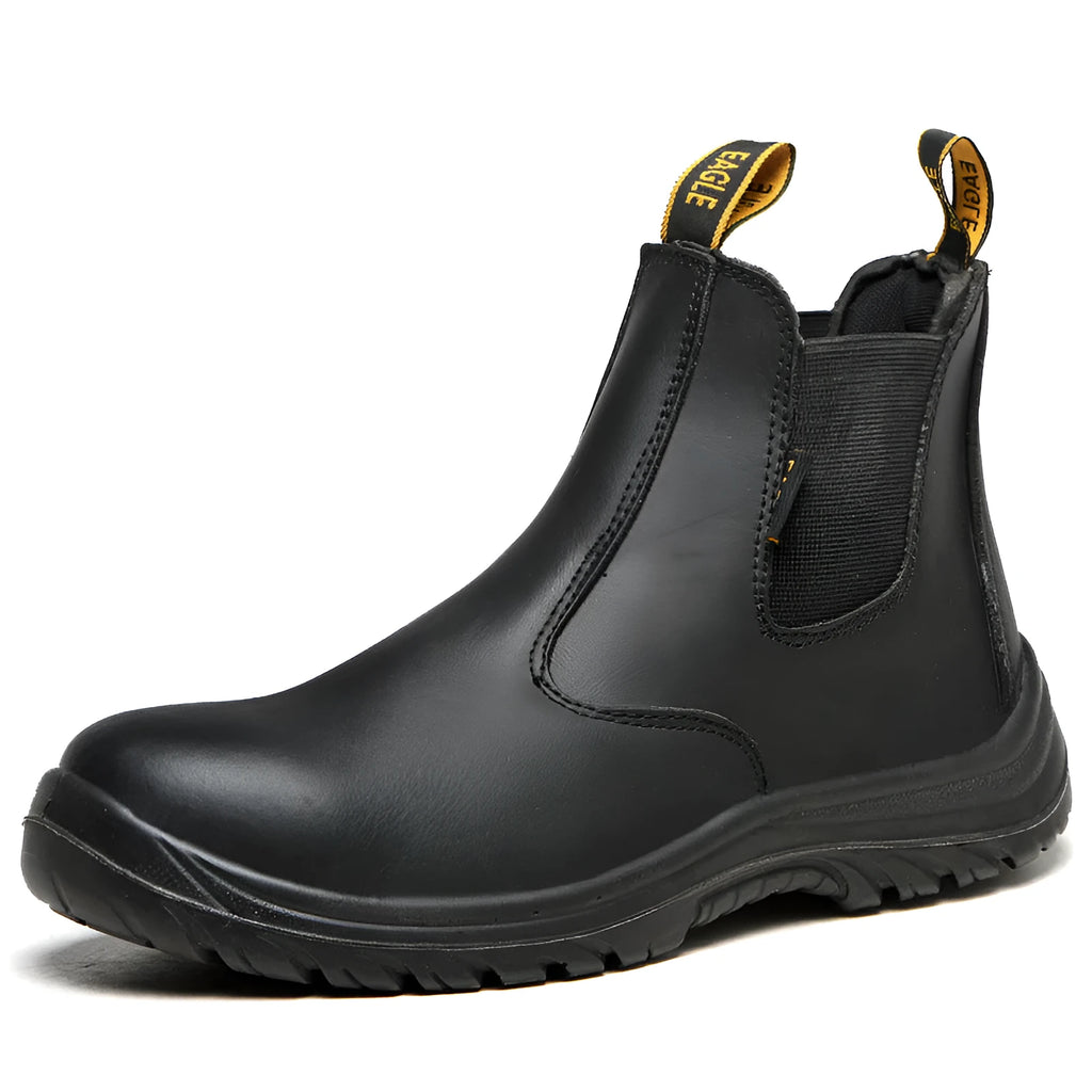 Black leather safety shoes with high-top design and anti-piercing protection