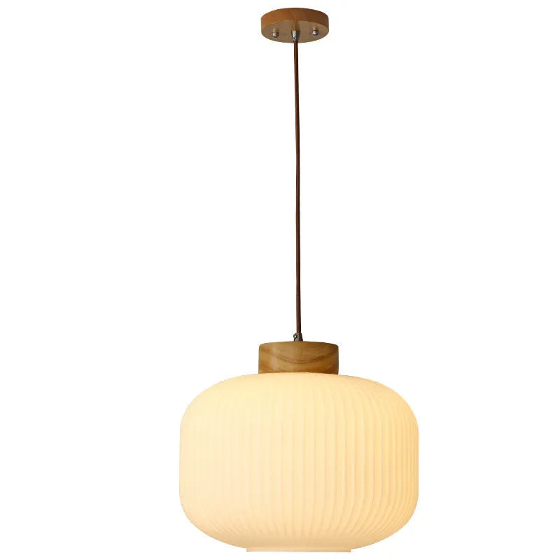 Chinese wooden pendant light with bamboo frame in retro bedroom setting showing three size options