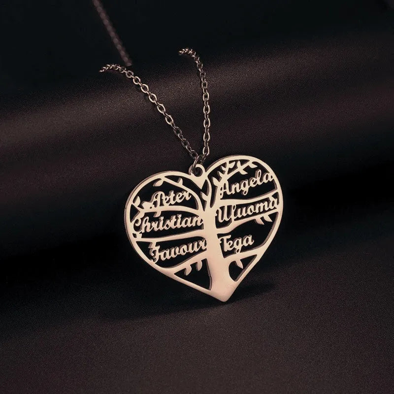 Personalised stainless steel necklace with hollow heart and family tree pendant engraved with names